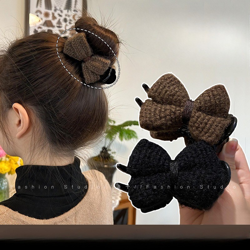 Kẹp Tóc Nữ Màu Cà Phê Nơ Bóng Kẹp Tóc Thu Đông Sang Trọng Phụ Kiện Tóc Thời Trang Phụ Kiện Tóc