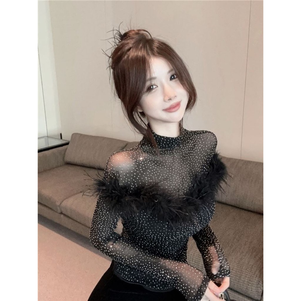 Thời Trang Thu Đông Gợi Cảm Lưới Khâu Lông Vũ Hàng Đầu Khoan Nóng Áo Thun Dài Tay Đáy Áo Sơ Mi Nữ