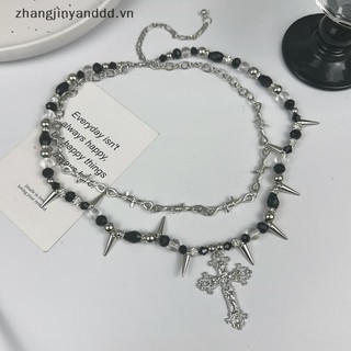 Vòng cổ chữ thậppunk vintage hai lớp với hạt đính đá, phụ kiện thời trang gothic