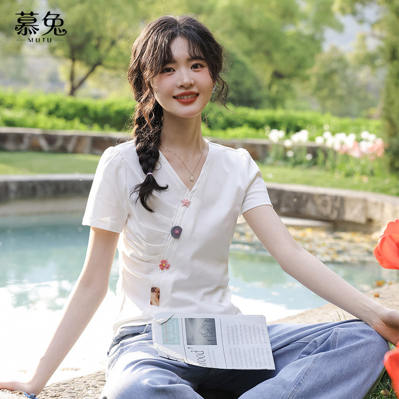 Mutu Áo Thun Nữ Phong Cách Hàn Quốc Xếp Ly Cổ Chữ V, Slim-Fit, Thích Hợp Mùa Hè