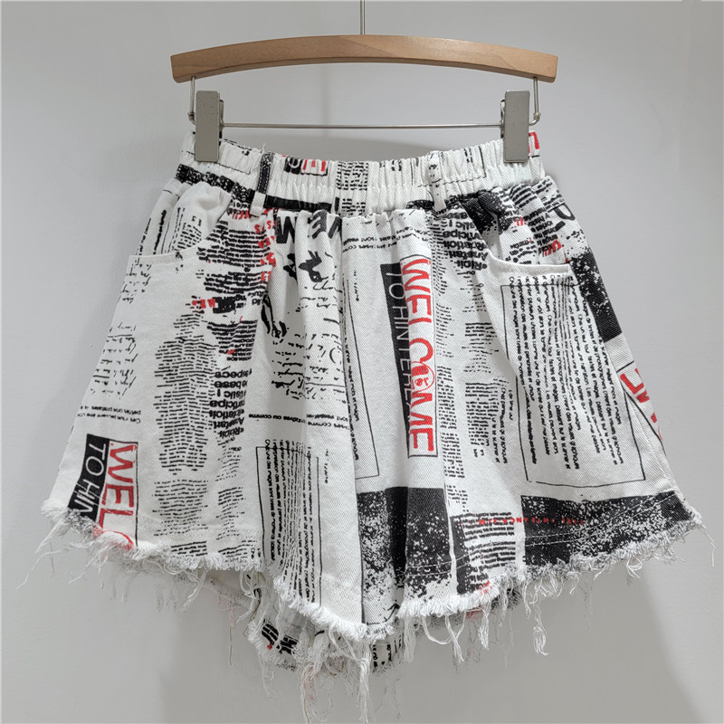 Chữ Cái Tiếng Anh Báo In Hình Chữ A Quần Short Châu Âu Phong Cách Mỹ Đường Phố Chân Dài Cổ Co Giãn Eo Quần Short Chân Rộng