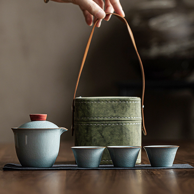 Bộ Trà Gốm Ru Kiln Ice Crack Cốc Nhanh Một Nồi Ba Cốc Có Túi Hộ Gia Đình / Du Lịch Bộ Trà Kung Fu