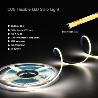 12V 24V 480LEDs / m Dải đèn LED COB mật độ cao RA90 Chiếu sáng tuyến tính không chấm có thể điều chỉnh độ sáng, Băng LED linh hoạt màu trắng mát mẻ tự nhiên ấm áp để trang trí khách sạn tại nhà