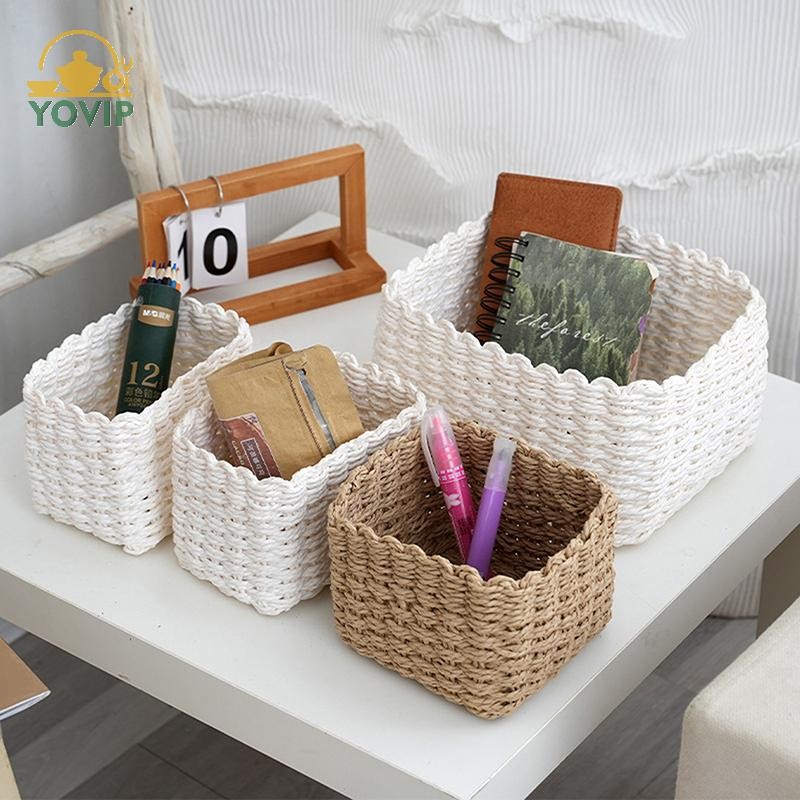 YOVIP 3 Chiếc Handmade Ống Hút Dệt Mềm Tròn Dây Giấy Giỏ Chứa Đồ Để Tổ Chức Trang Trí Hộp Bảo Quản Văn Phòng VN