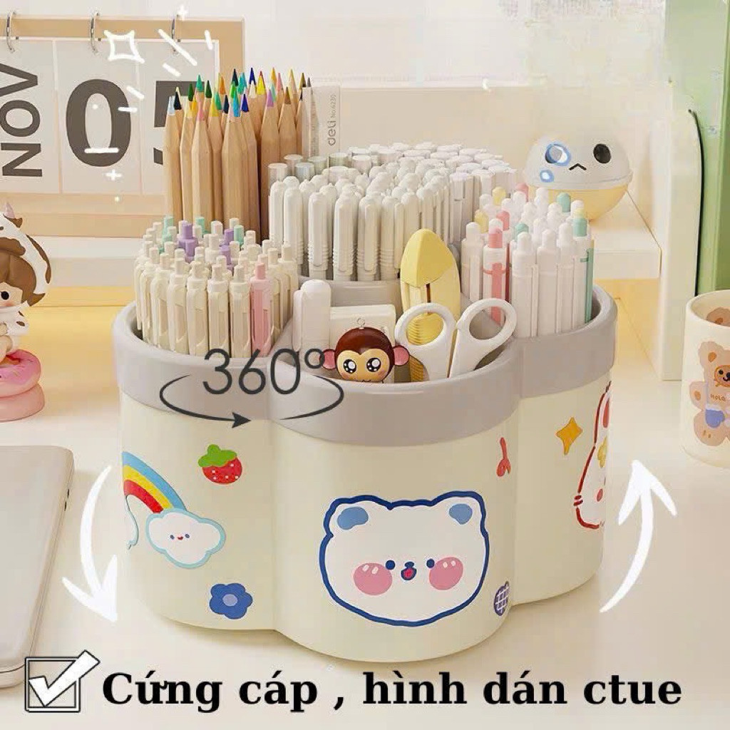 Khay đựng bút để bàn (size to) xoay 360 độ, hình bông hoa dung tích lớn
