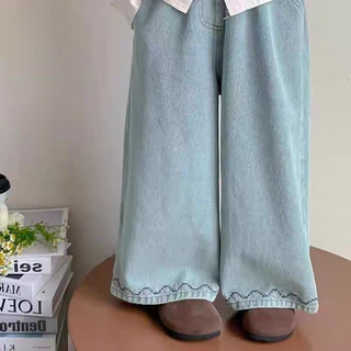 Mùa Xuân Thu Phong Cách Mới Bé Gái Quần Jean Trẻ Em Xanh Nhạt Thẳng Quần Thêu Thời Trang Phiên Bản Hàn Quốc Quần Dài Cho Bé