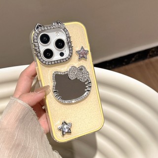 Sang Trọng Kim Cương Ống Kính Mèo Kitty Gương Ngôi Sao Lấp Lánh Bột 2in1 Ốp Lưng Điện Thoại iPhone 17Promax 16Promax 12 13 14 15 Pro Max 16Plus Silicon Chống Sốc Nữ Vỏ Di Động