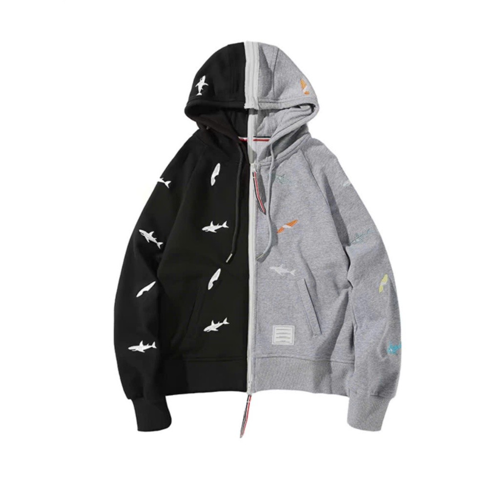 Áo Khoác Thom Thêu Cá 2 Mảnh Đen Xám KCloset Áo Nỉ, Áo Hoodie Dày Dặn Dáng Rộng Nam Nữ NA961