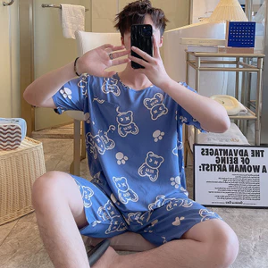 Bộ Đồ Ngủ Nam Ngắn Tay Mùa Hè, Vải Cotton Lụa Nhân Tạo, Phong Cách Loungewear Nhật Bản, Nhiều Kích Cỡ