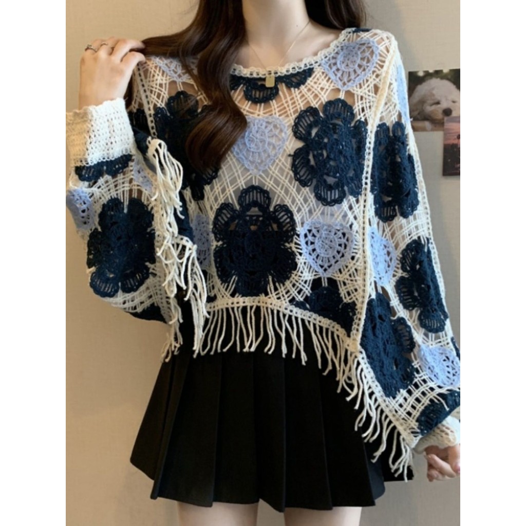 Áo dệt kim móc cổ chữ V kiểu Pháp mỏng nhẹ