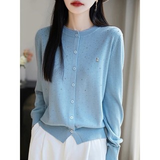 Áo cardigan len nữ xuân thu, cổ tròn, khóa sáp mềm mại, họa tiết kim cương.