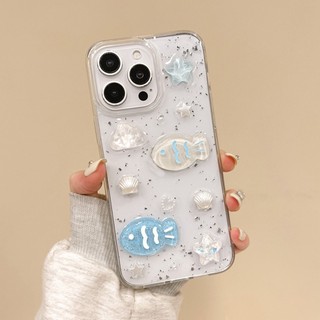 3D Ngôi Sao Xanh Cá Bạc Lá Nhựa Ốp Lưng Điện Thoại iPhone 17 Pro Max 16 15 14 13 12 11 Vỏ Bảo Vệ Chống Sốc