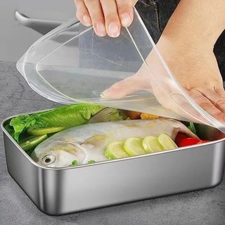 Chảo đựng thực phẩm hình chữ nhật bằng thép không gỉ có nắp - Hộp đựng trái cây rau củ dung tích lớn