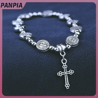 PANPIA-Retro Màu Bạc Thánh Biểu Tượng Tôn Giáo Chúa Giêsu Thánh Giá Đính Hạt Vòng Tay Công Giáo Cơ Đốc Trang Sức Mân Côi Quà Tặng