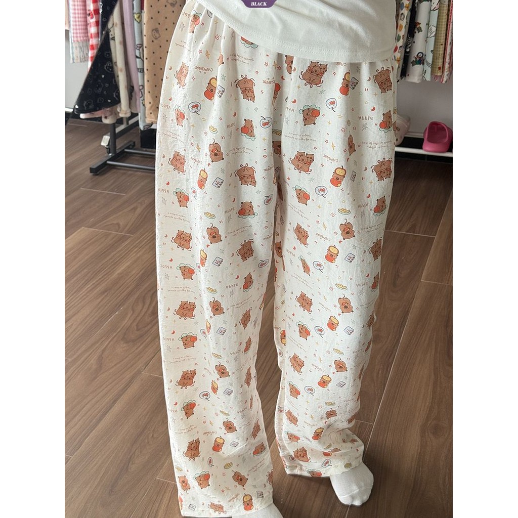 Quần Pyjama nữ Capybara Hàn Quốc, quần mặc nhà mùa hè, dáng rộng, họa tiết hoạt hình dễ thương [BL]