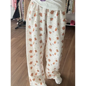Quần Pyjama nữ Capybara Hàn Quốc, quần mặc nhà mùa hè, dáng rộng, họa tiết hoạt hình dễ thương [BL]