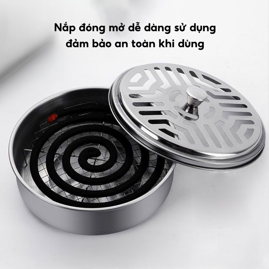 Hộp đựng nhang muỗi bằng thép không gỉ 15cm, Khay đựng hương muỗi có nắp đậy an toàn
