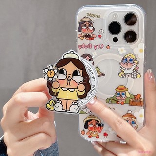 Dễ Thương Trong Suốt Cạnh Khóc Búp Bê Xoay Hoa Giá Đỡ Từ Tính Vỏ Điện Thoại Di Động Thích Hợp Cho iPhone17 16 15 14 13 ProMax Chống Sốc Bảo Vệ Camera Ốp Lưng Cứng Chống Rơi