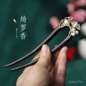 Mới Phong Cách Trung Quốc Dân Tộc Gỗ Đàn Hương Lá Bạch Quả Hạt Sọc Hình Chữ U Đôi Kẹp Tóc Tua Rua Kẹp Tóc Nữ Cổ Cao Cấp Cổ Điển Phong Cách Trung Hoa Kẹp Tóc Mũ Đội Đầu