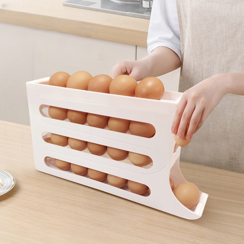 4 Tầng Khay Đựng Trứng Cuộn Tự Động Tiết Kiệm Không Gian Cho Tủ Lạnh Giá Đỡ Trắng Vàng
