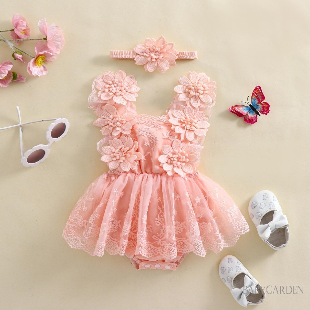 Baga-bộ trang phục mùa hè cho bé gái / Váy liền quần lưới thêu hoa + Băng đô nơ Quần áo sơ sinh