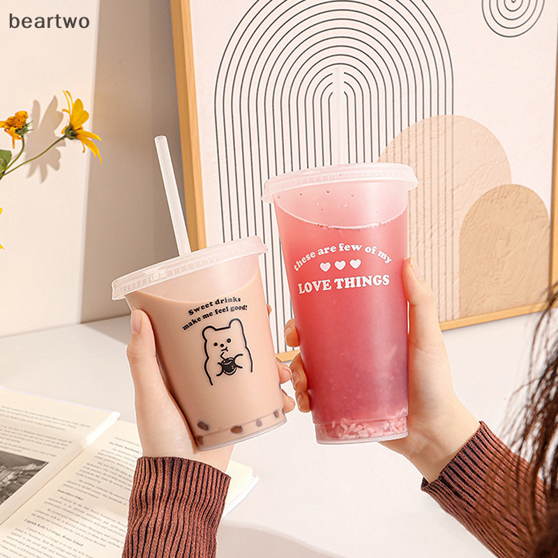 < Beartwo > Bình Nước Cho Cà Phê Nước Trà Sữa Nhựa Dễ Thương Lạnh Có Nắp Ống Hút Di Động Có Thể Tái Sử Dụng Đẹp BPA Free Chai Uống