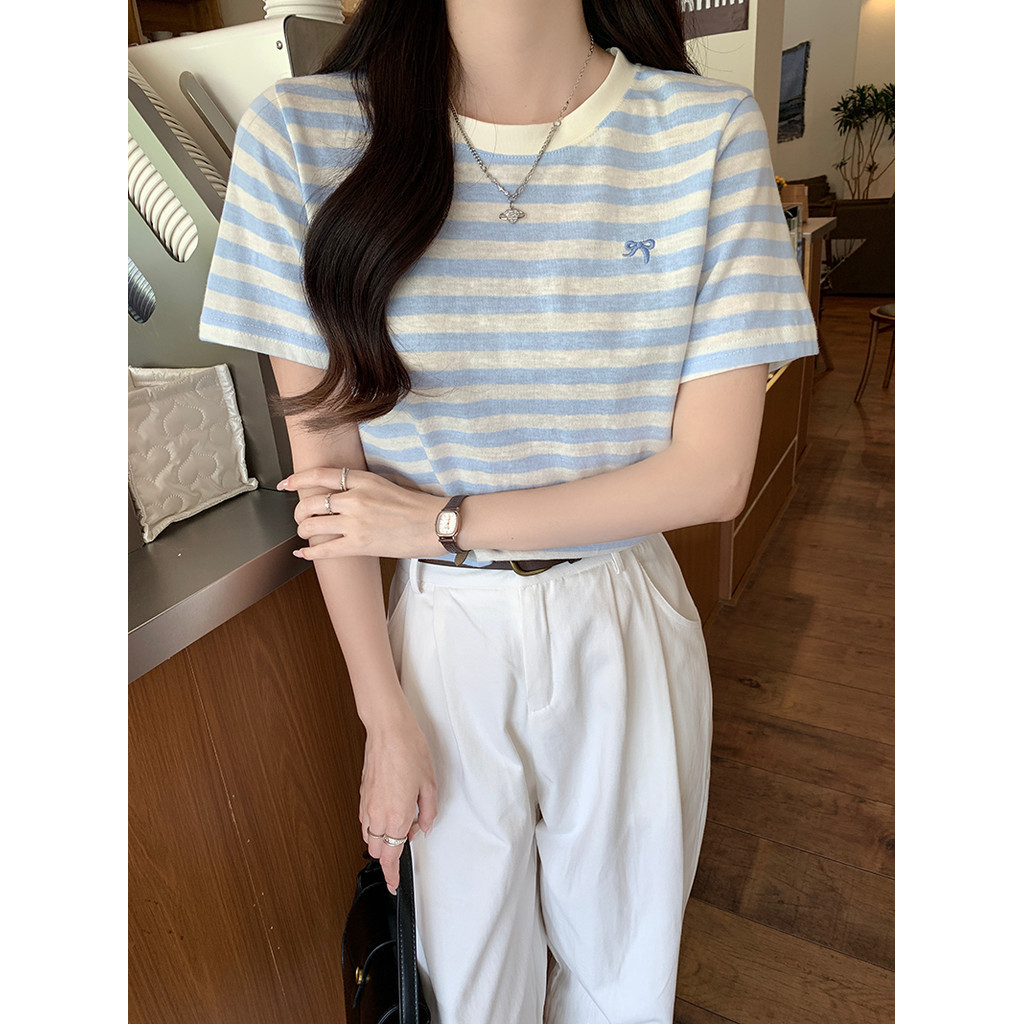 SUXI Áo thun Cotton thêu nơ sọc cổ điển Áo thun nữ mới 240727
