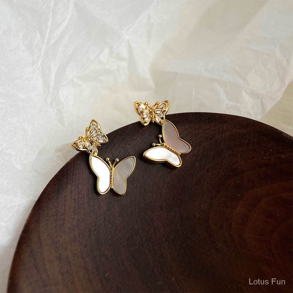 Bông Tai Bướm vỏ sò 14k mạ Zircon kim bạc Hoa tai đi làm thời trang đơn giản khí chất thanh lịch ngọt ngào