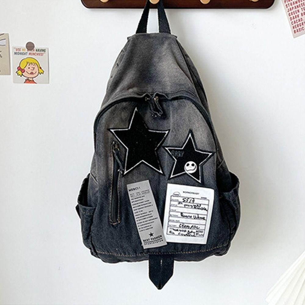 Ba lô đi học HIGHVIEWLS, Ba lô ngôi sao Denim họa tiết ngôi sao dung tích lớn, Túi đeo vai đôi Unisex Y2K thời trang phù hợp ngoài trời
