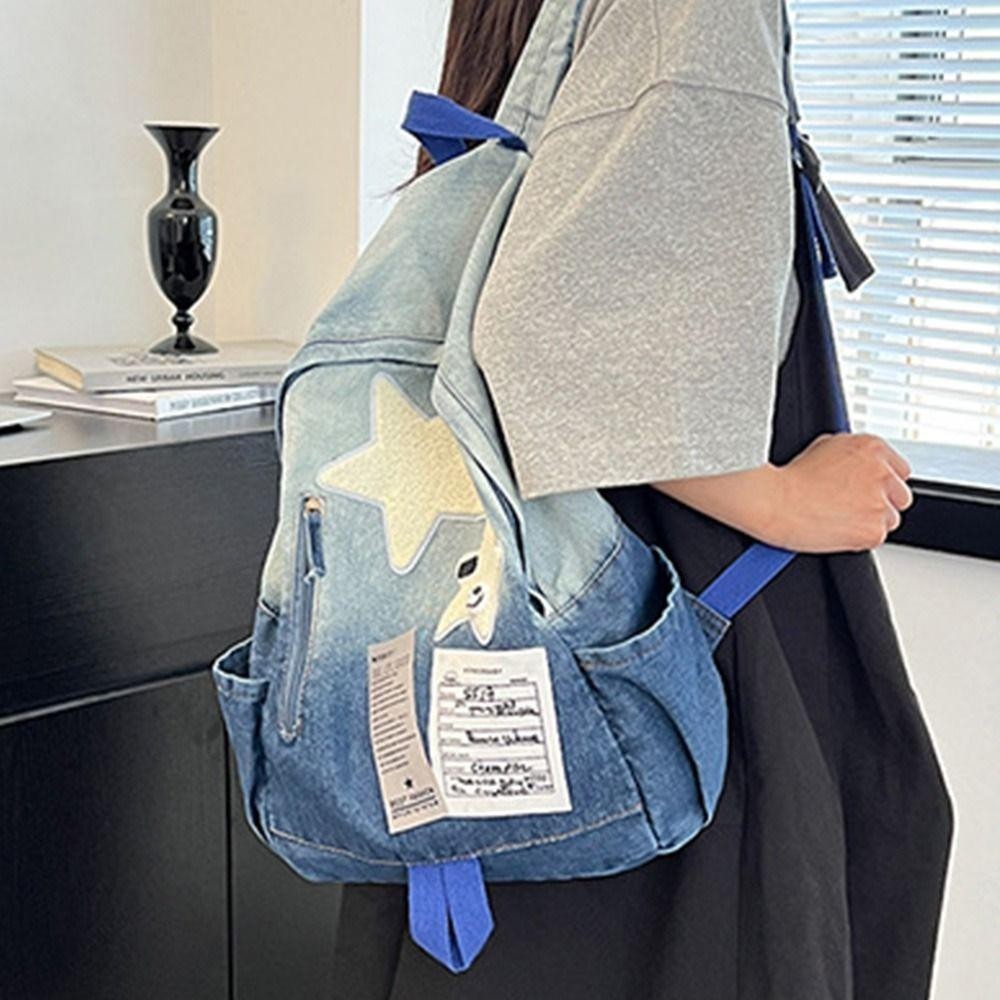HOBBYIN Ba lô ngôi sao Denim HOBBYIN, Ba lô đi học công suất lớn họa tiết ngôi sao, Túi du lịch thời trang Unisex Y2K All Match ngoài trời