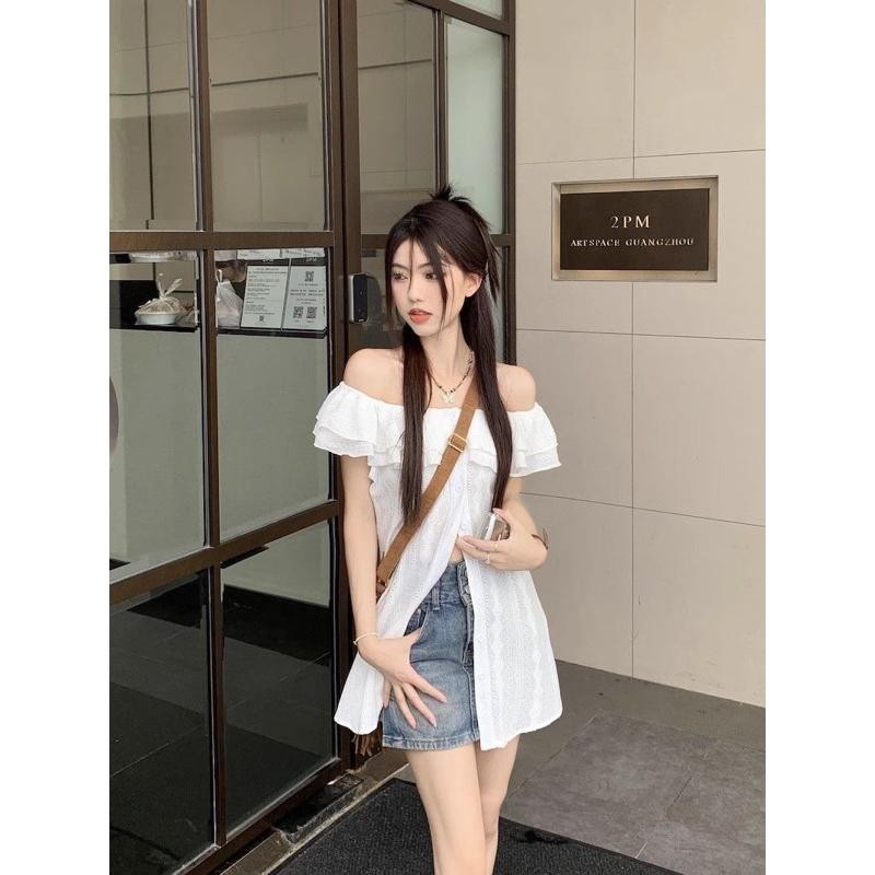 Áo Trễ Vai Nữ Phối Bèo Tay Ngắn ,Tay Dài , Áo Sơ mi Kiểu Nữ Trễ Vai Chất Đũi Gân Sóng Phong Cách Tiểu Thư - A2084
