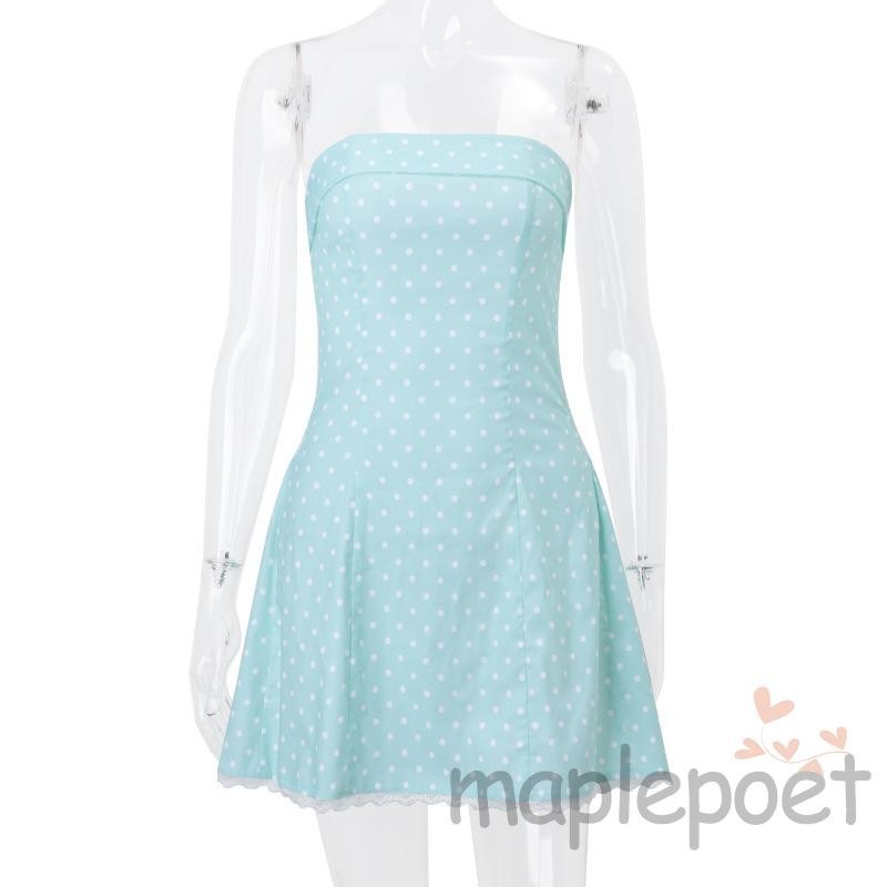Maplepoet-nữ Ống Đầm Chấm In Thuyền Cổ Tắt Vai Ren Cắt Chữ A Đi Biển Váy Ngắn