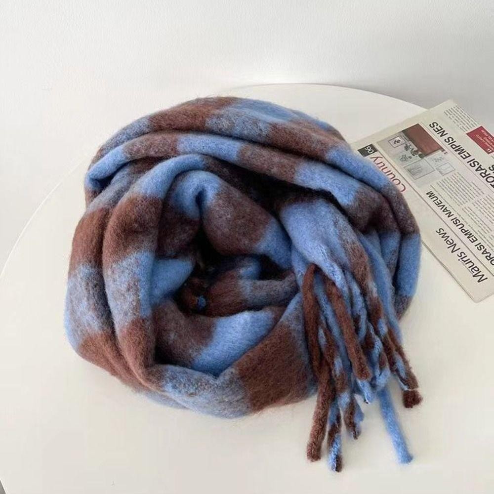 Khăn quàng cổ tua dài LAKA, Khăn choàng Cashmere mùa đông họa tiết sọc ấm áp, Khăn choàng dày mềm mại kẻ sọc Mohair Quấn nữ