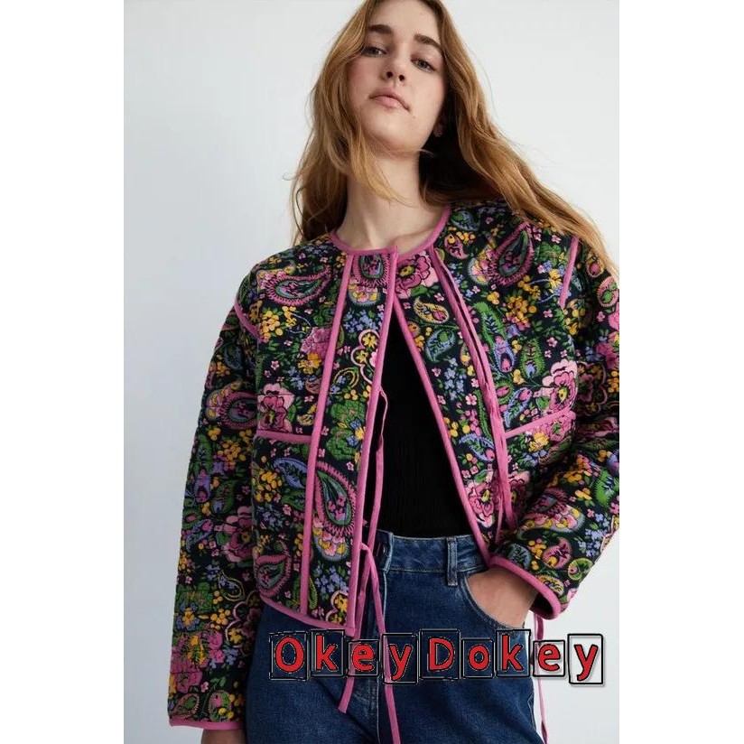 Okdk-nữ Paisley In Quilted Tie Áo Khoác Trước Mùa Đông Thanh Lịch Dài Tay Buộc Hoa Ấm Áp Áo Khoác Thường Ngày