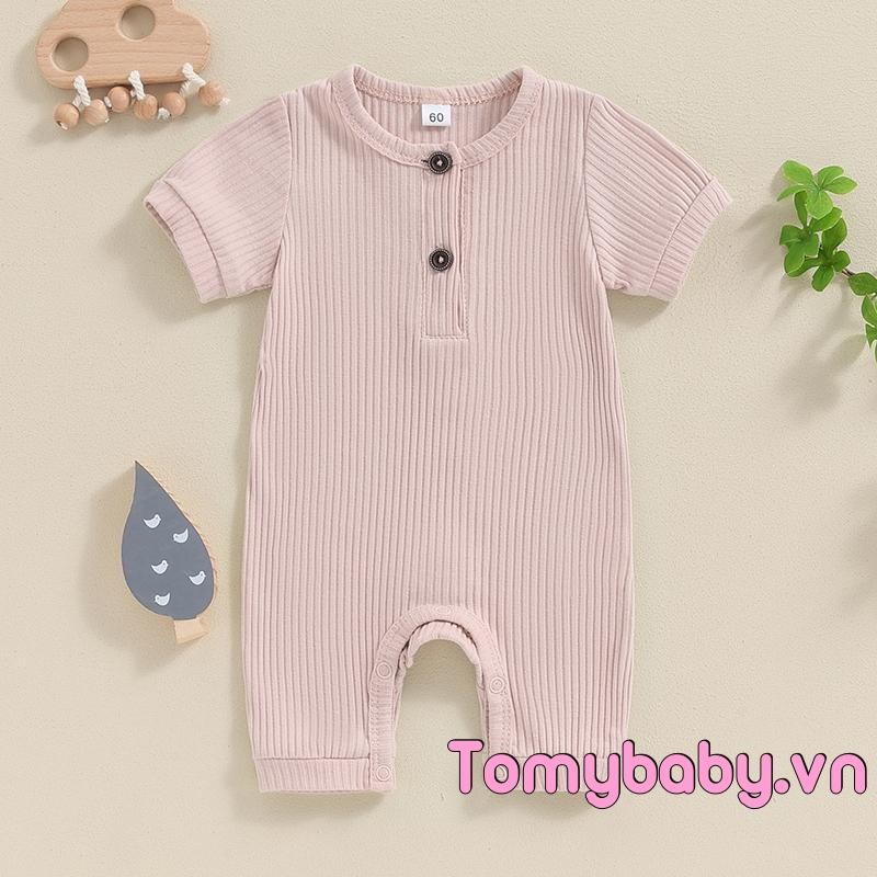 Bộ áo liền quần ngắn tay cho bé màu trơn đan gân cổ chữ O cho bé trai bé gái