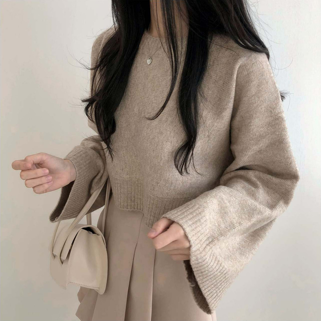 Suxi Retro Rời Thu Đông Thời Trang Mới Đơn Giản Cổ Tròn Dài Tay Dệt Kim Áo Len Nữ Ngắn 240908