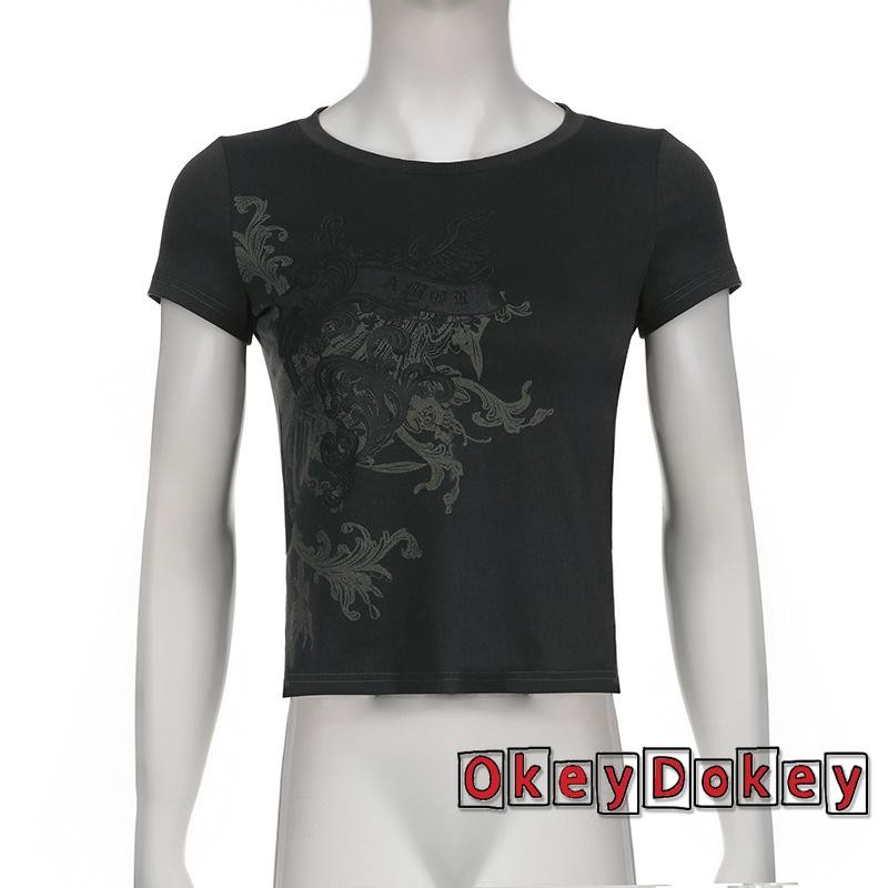 Okdk-áo thun cổ tròn tay ngắn dành cho nữ Slim-fit Màu sắc tương phản Áo chui đầu cổ tròn in hoa