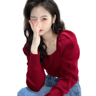 Áo mặc trong tay phồng cổ vuông màu đỏ áo len dệt kim xương đòn phong cách Hàn Quốc mùa thu đông cho nữ