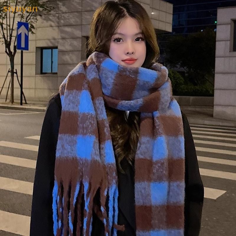 Siyuyan Kẻ Sọc Khăn Checkerboard Khăn Mềm Mại Nữ Mùa Đông Ấm Áp Kép Sử Dụng Khăn Choàng Dài Vintage Dày Khăn Viền VN
