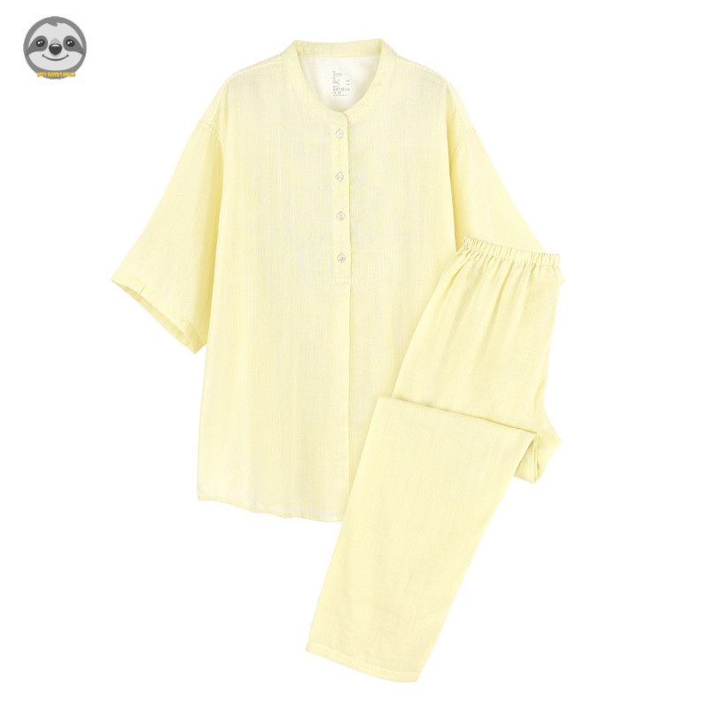 Phong cách Nhật Bản Phong cách Muji / Nữ Sợi Cotton mịn nửa tay Loungewear / Bộ đồ ngủ liền mạch Pinstripe / Bộ đồ ngủ sợi đôi Cotton