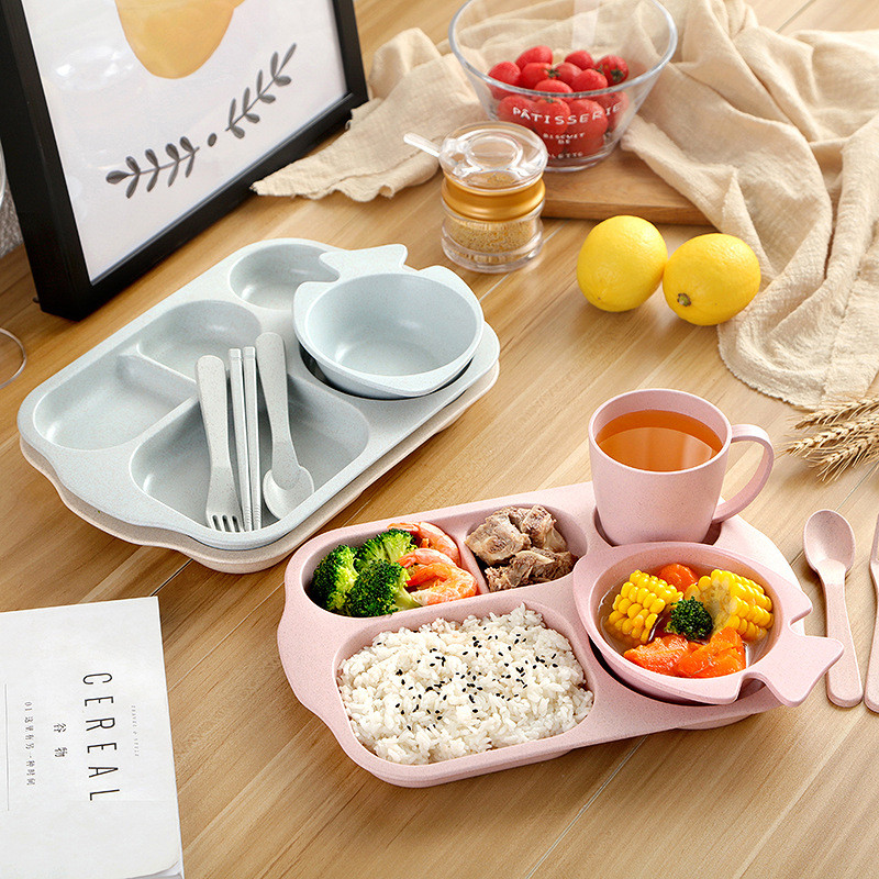 Rơm Lúa Mì Trẻ Em Bộ Đĩa Ăn Mẫu Giáo Đĩa Ăn Hộ Gia Đình Bé Chống Sốc Bộ Đồ Ăn Ngăn Đĩa Cơm