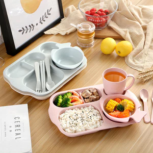 Rơm Lúa Mì Trẻ Em Bộ Đĩa Ăn Mẫu Giáo Đĩa Ăn Hộ Gia Đình Bé Chống Sốc Bộ Đồ Ăn Ngăn Đĩa Cơm