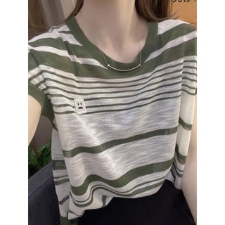 Mùa Hè Phong Cách Mới Màu Sắc Tương Phản Cổ Tròn Băng Lụa Sọc Áo Thun Nữ Thời Trang Phù Hợp Với