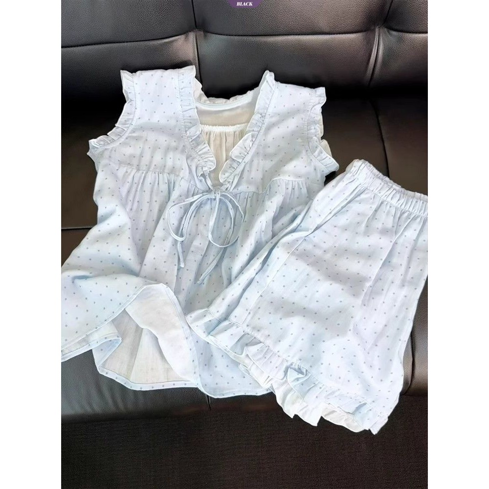 Đồ ngủ nữ bộ vest và quần short bằng gỗ ren chấm bi không tay mới mùa hè