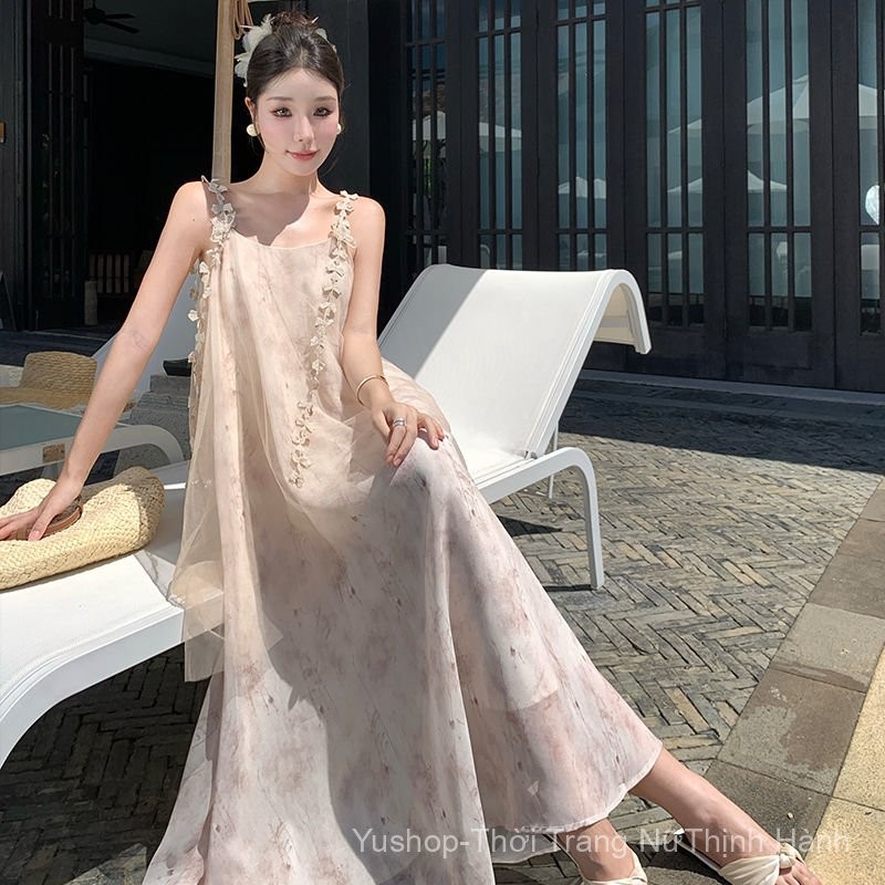 [Yu]Váy dây bướm mực mùa hè, phong cách Trung Quốc, dáng dài, thanh lịch, xinh.