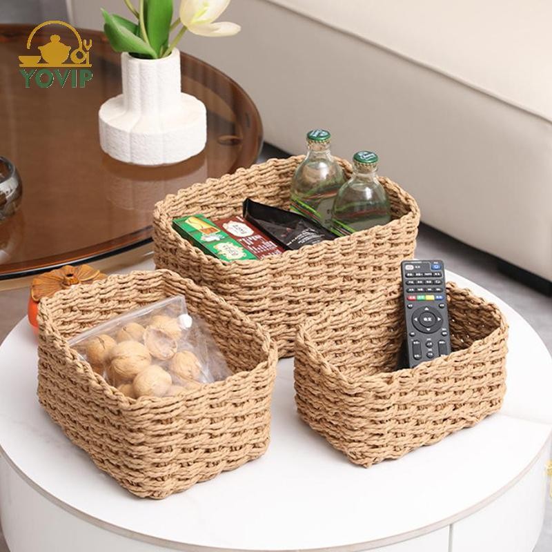 YOVIP 3 Chiếc Handmade Ống Hút Dệt Mềm Tròn Dây Giấy Giỏ Chứa Đồ Để Tổ Chức Trang Trí Hộp Bảo Quản Văn Phòng VN