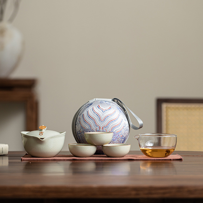 Ru Kiln Di Động Du Lịch Trà Tách Nước Ngoài Trời Cốc Nhanh Đá Trung Quốc Nứt Lát Gốm Kung Fu Bộ Trà