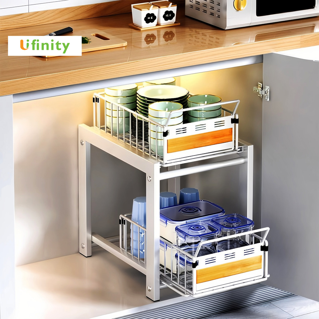 Lifinity Kệ Bếp Ngăn Kéo 2 Tầng 26cm Có Mặt Gỗ, Kệ Gia Vị Ray Trượt Để Trong Tủ Bếp, Màu Xám/Trắng