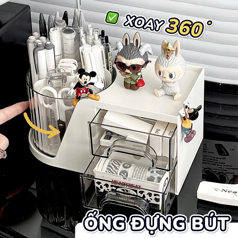 Hộp Đựng Bút Xoay 360 Độ Đa Năng - Kệ Để Bàn Có Ngăn Kéo, Hộp Đựng Mỹ Phẩm, Đồ Trang Điểm, Trang Sức Gọn Gàng
