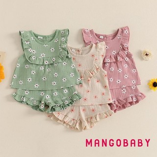 MG-Baby Kids Girls Quần Short Bộ Hoa Không Tay Cổ Cổ Tròn Áo Và Quần Short Trang Phục 2 Món Mùa Hè